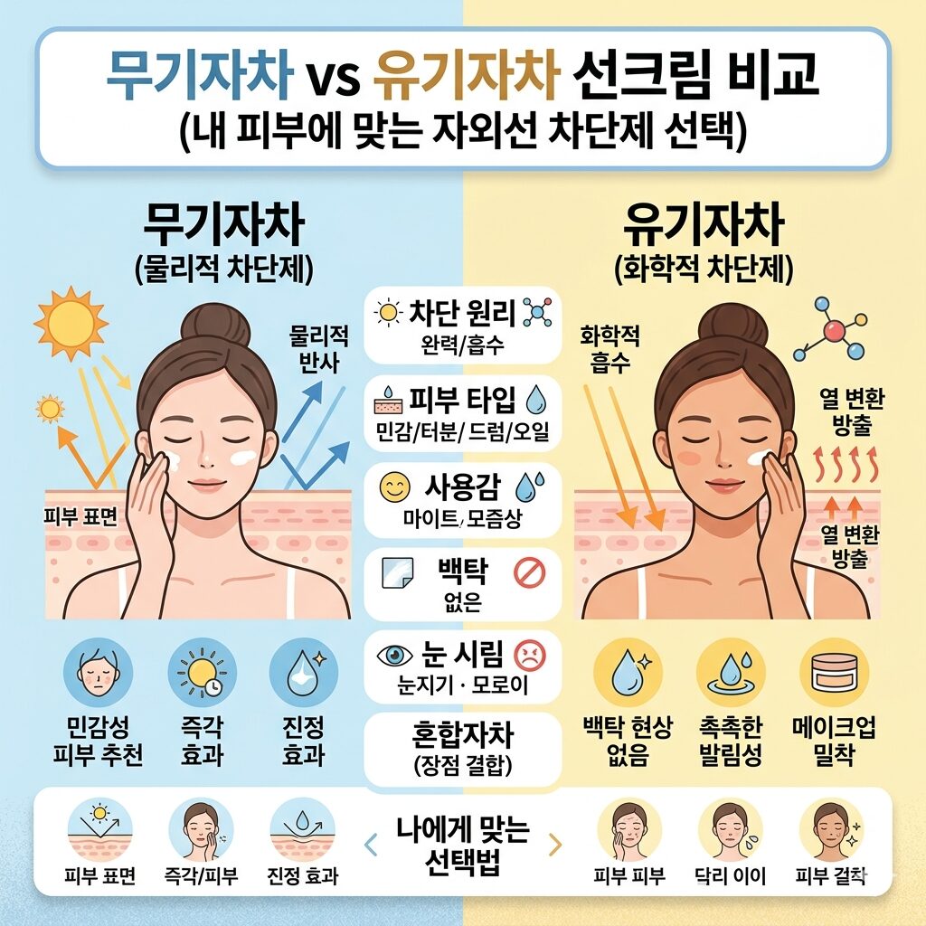 무기자차 유기자차 선크림 비교, 내 피부 타입에 맞는 자외선 차단제 선택법 1 무기자차 유기자차 선크림 비교